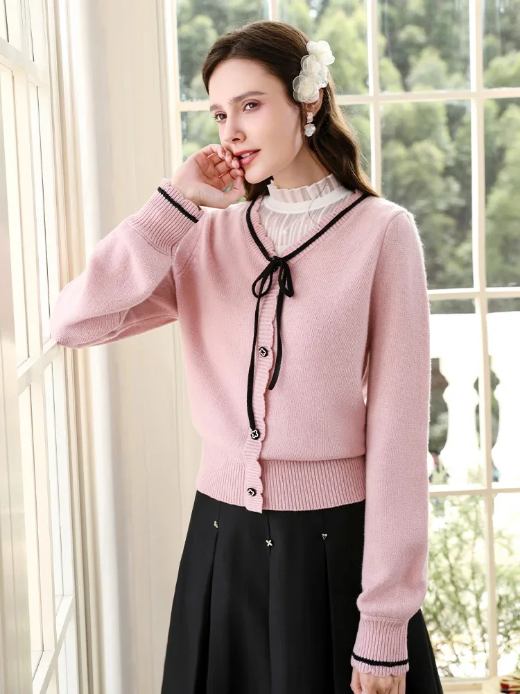 I BELIEVE YOU Pink Wave Edge V-neck Woolen Knitted Sweater for Women 2024 Autumn Elegant Woolen Warm Long Sleeve Tops 2244145775