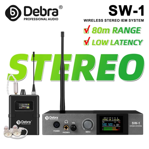 Debra SW-1 Sistema de monitoreo intrauditivo estéreo inalámbrico profesional, transmisión estable de 590-599 MHz para entrevistas de escenario y vivo