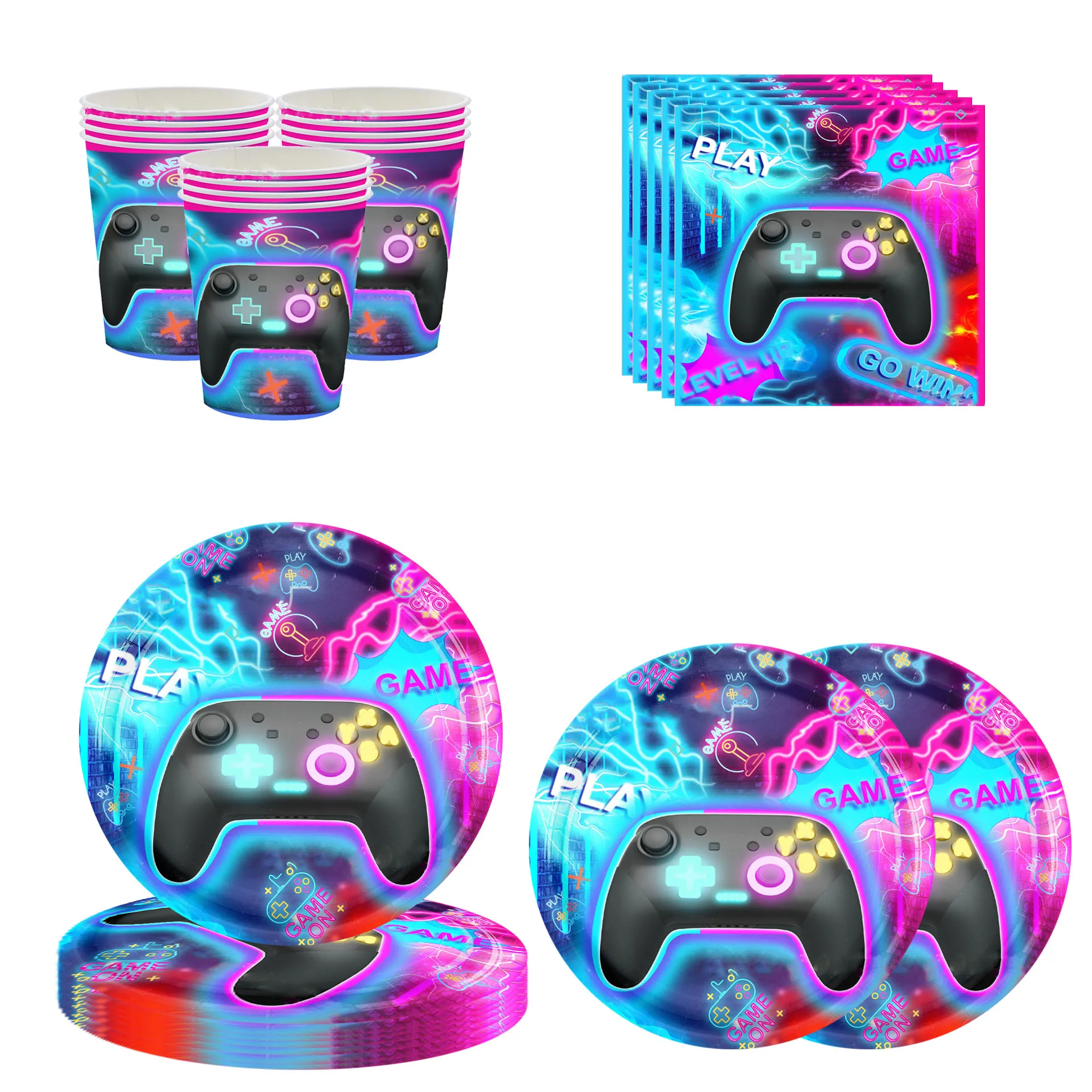 

8Guests Game Theme Disposable Tableware Level Up Game On Lightning Gamepad Plates Cups Boys Happy Play Game Birthday Party Decor