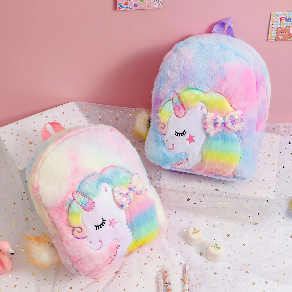 Unicorn Tie Dyed Cartoon Plush Backpack Large capacity children\'s bag Cute Bow Knot Kindergarten Schoolbag Girl