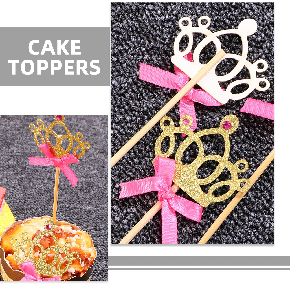 

36pcs Cake Toppers Bows Picks Pink Gold Party Birthday Decorations Cake Accessories Cupcake Decorative Props