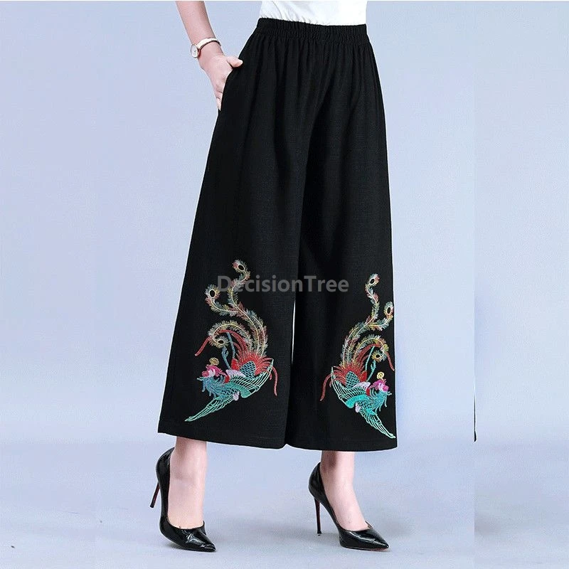 

2025 китайские этнические характерные брюки с вышивкой Феникса, модные молодежные темпераментные женские свободные широкие брюки в стиле ретро