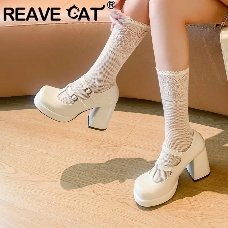 

REAVE CAT White Shiny Female Pumps Round Toe 9.5cm Block Heel 2cm Platform Buckle T-Strap Sweet Mary Janes Shoes Plus Size 44 45