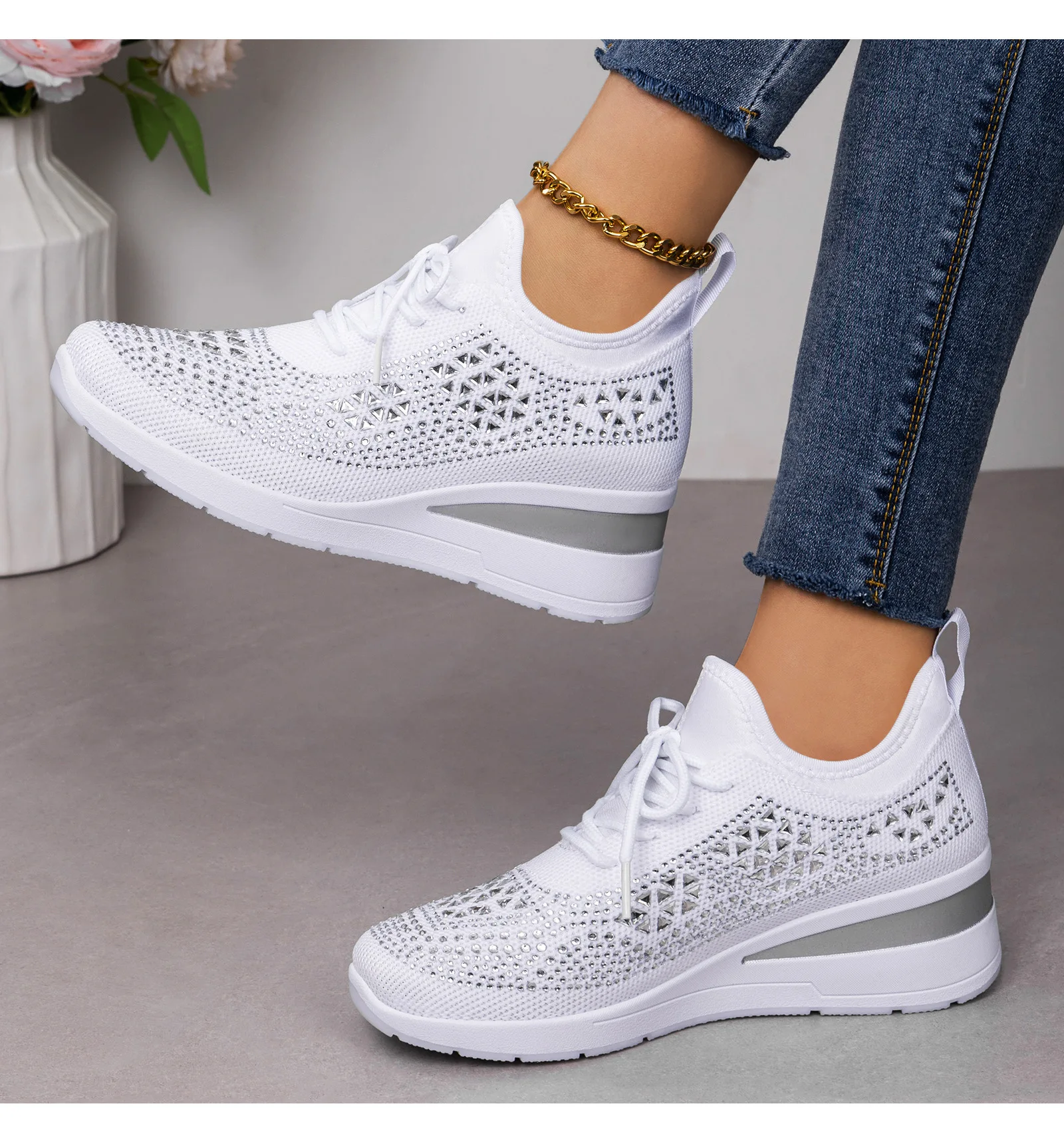 Damen-Sneaker mit Strass-Keilabsatz, atmungsaktives Strickobermaterial, versteckter Absatz, Schnürung, modische Plateau-Walkingschuhe – Detail 12