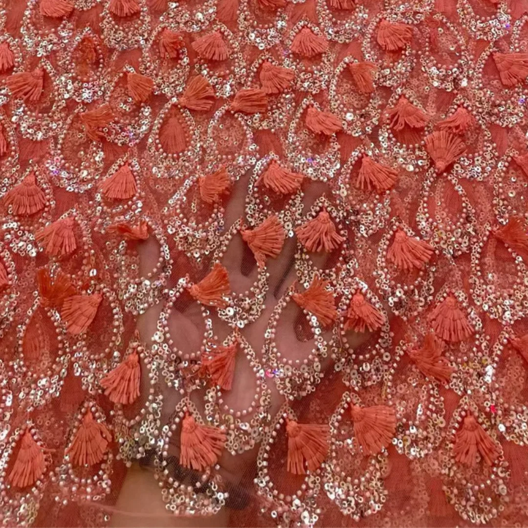 Fashion Tassel Mesh 3D Drip Embroidery Bead Lace Fabric Sequins African High Quality Tulle For Sewing Wedding Party Dress