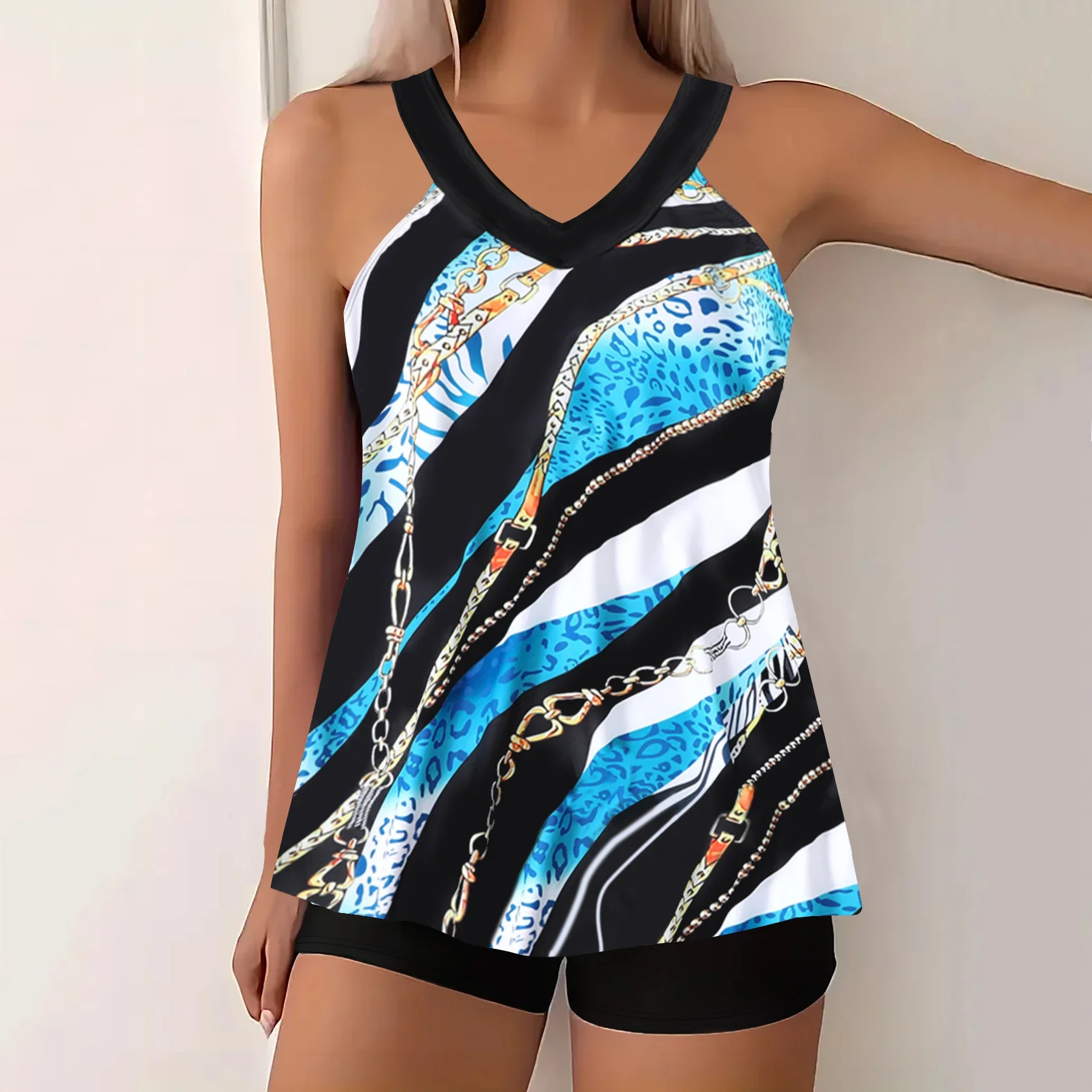 Women's Summer Vacation Tankini Set - High Stretch Crew Neck Swimsuit with Random Print, Knit Fabric 2 Piece Tropical Bikini