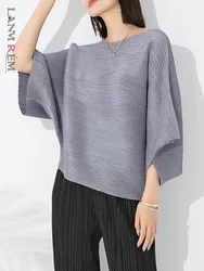 LANMREM Loose Pleated T-shirt For Women Batwing Sleeves Solid Color Casual Top Female Comfortable Top Clothing 2024 New 2DA3991