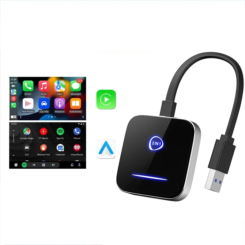 For Apple CarPlay Wireless Adapter Android Auto 2in1 Dongle for OEM CarPlay Wired To Wireless Smart Box Tempered Glass Material