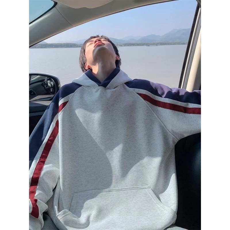 

Мужская толстовка оверсайз в американском ретро-стиле, на флисовой подкладке, утепленная, с цветными вставками, для пар, модная