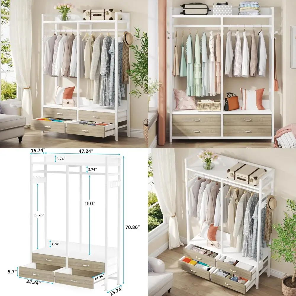 Tribesigns Freestanding Closet Organizer for Hanging Clothes, Heavy Duty Garment Rack with 4 Drawers, 8 Hooks and Storage Shelve