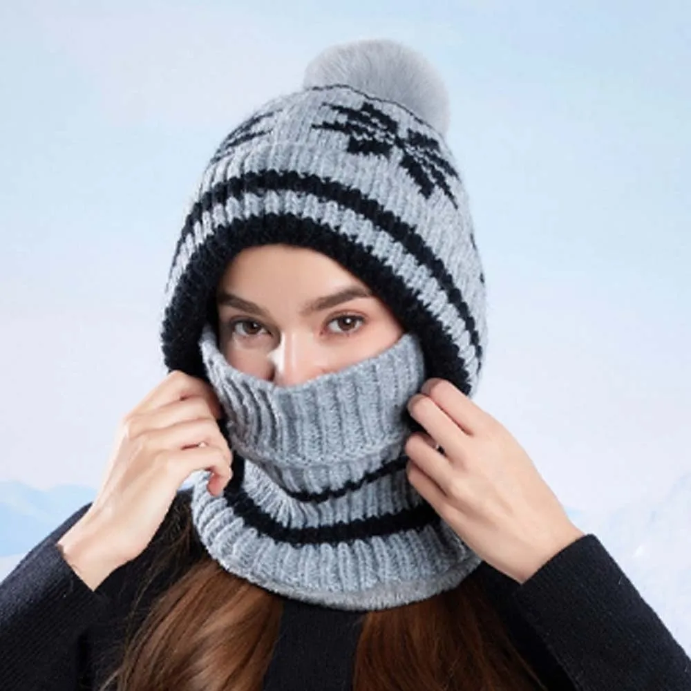 Fleece-gefütterte Strick-Balaclava-Mütze mit Schneeflocken-Jacquard, dick, warm, integrierter Schal, weiche, vollständig bedeckende Winter-Beanie-Maske – Detail 5
