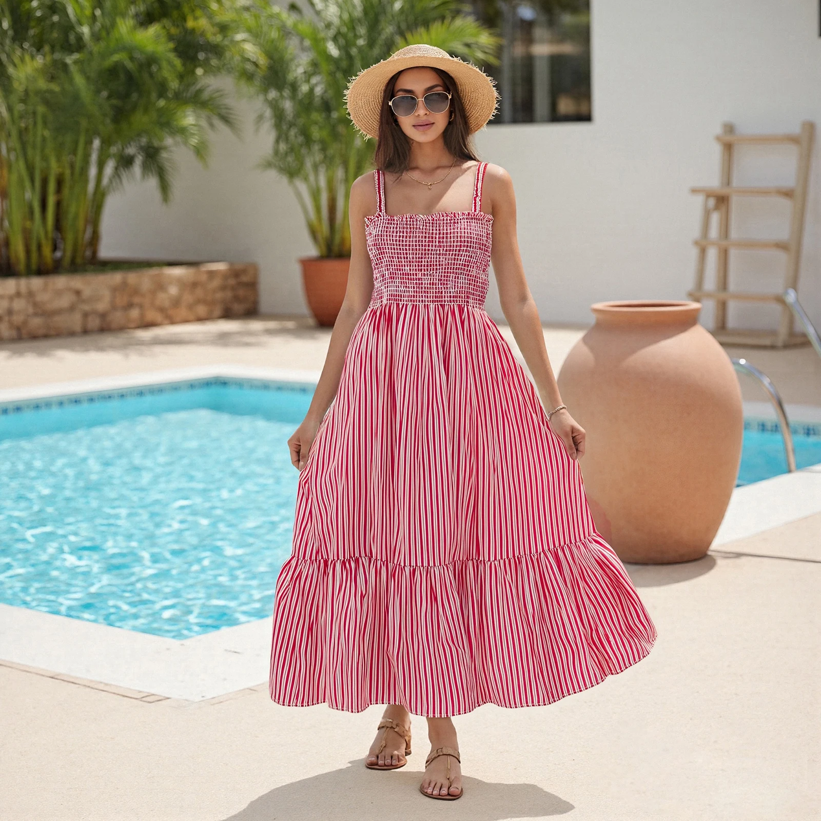 Nieuwe dames mouwloze jurk casual zomer gestreepte print backless a-lijn feestjurk voor vakantie cocktail strand streetwear