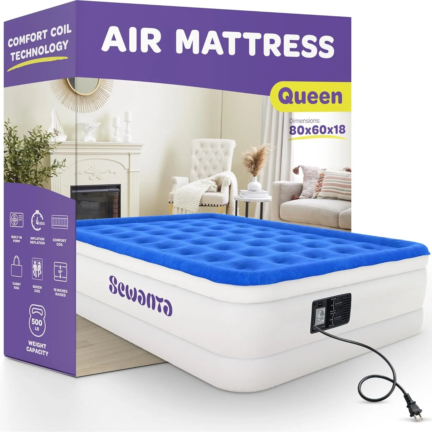 

Air Mattress Queen Size, Luxury Air Mattress with Built in Pump, Plush Elevated with Comfort Coil Beam Technology - 18" Height