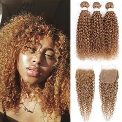 Kinky Curly Bundles With Closure Honey Blonde Colored Human Hair Weave Bundles With Closure Brazilian Remy Hair Extension 3PCS