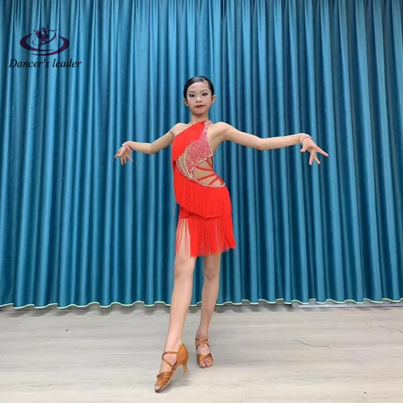 

Latin Dance Dress High-end Custom Sloping Shoulder Hollow Out Red Tassel Tango Adult Girls Children's Stage ProfessionalClothing