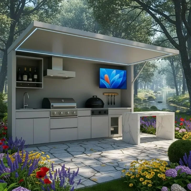 Outdoor Kitchen Pergola Multi-Function  Built-in Grill Griddle Sink Storage Stainless Steel Outdoor Cooking Center