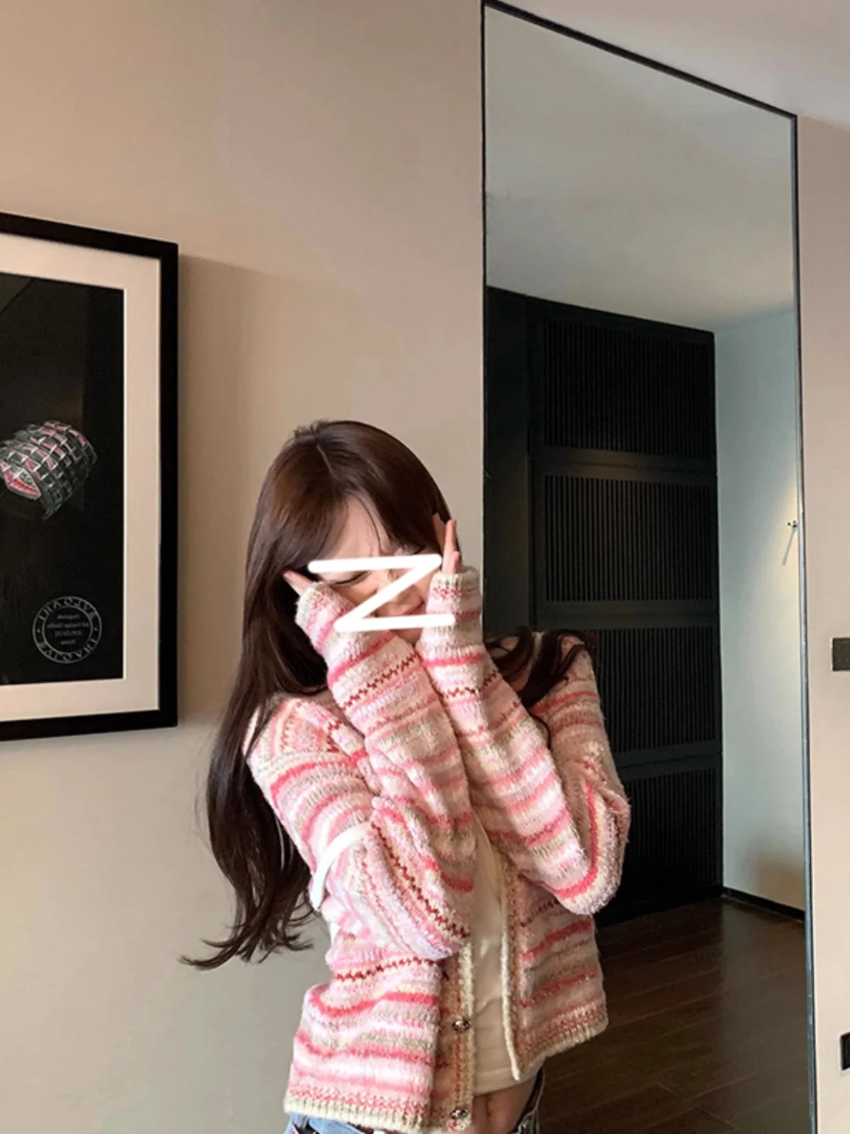 สีชมพูลายถักทํางานหนักเปิดเสื้อสเวตเตอร์ถักผู้หญิงฤดูใบไม้ผลิเสื้อกันหนาวกระชับสัดส่วน Jaet เกาหลี Sle เดินทางปกติพอดียาว Sl...
