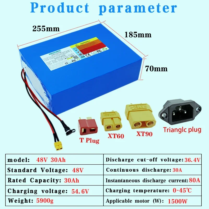 Imagem -02 - Bloco Recarregável da Bateria de Lítio Bicicleta Elétrica Trotinette Bateria de Ebike Acessório Bms 5a Carregador 48v 30ah 30a 13s9p 30000mah 18650