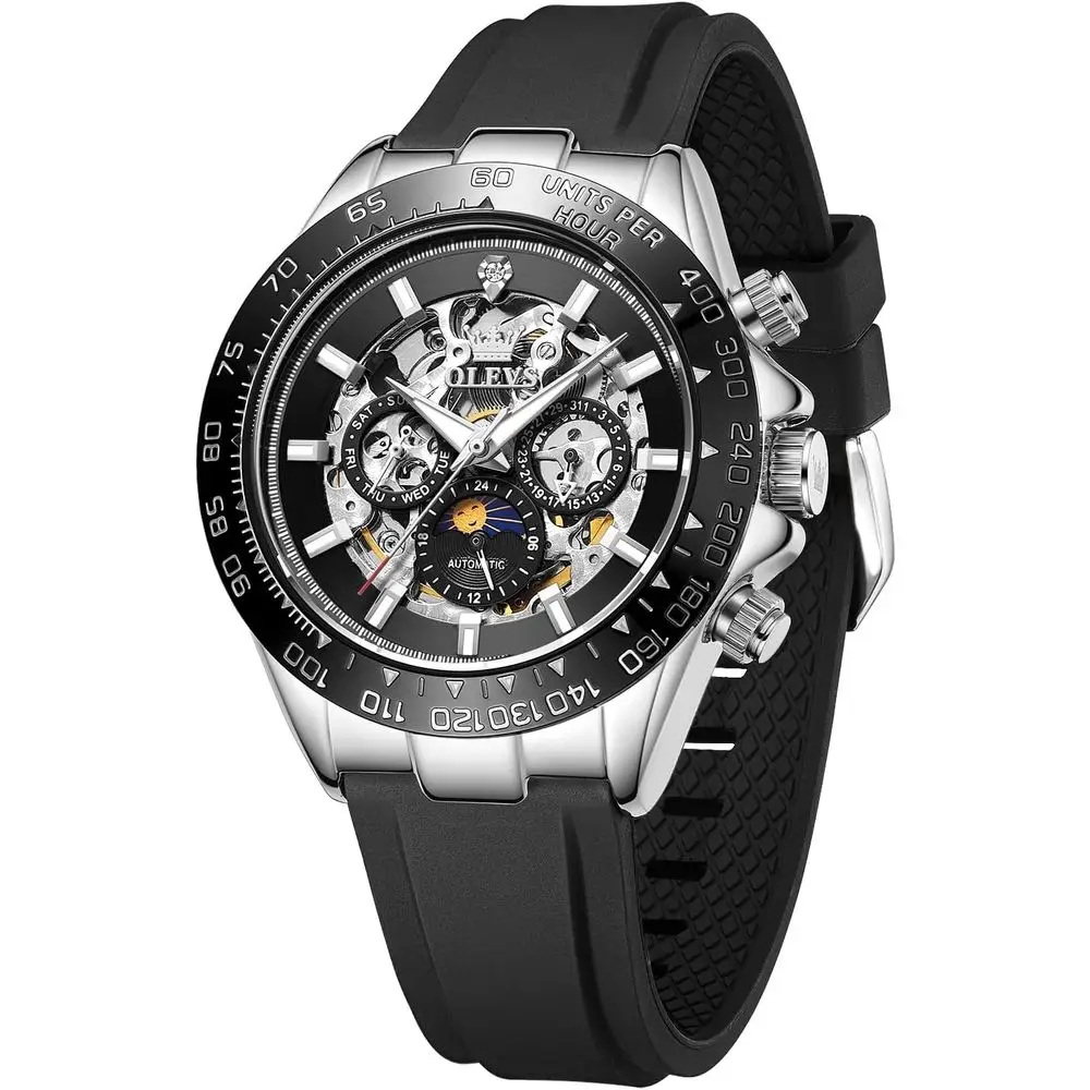 

Мужские автоматические механические часы OLEVS с автоподзаводом, скелетонизированные, класса люкс, водонепроницаемые, с фазами Луны, турбийоном, хронографом, из нержавеющей стали