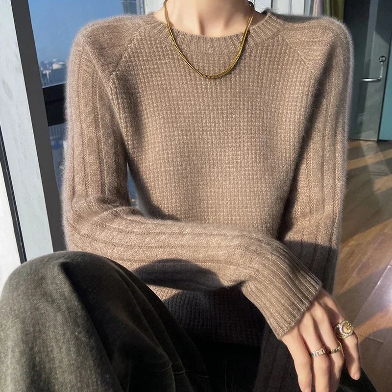 Women's sweater in autumn and winter O-neck long sleeve 100% merino wool pullover leisure padded cashmere sweater Korean style