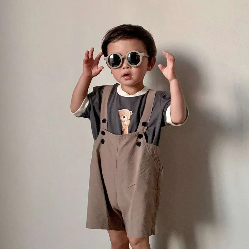 2023 Summer Korean Version Children\'s Suspenders Ins Trend Boy Loose Middle Pants Cotton Girls\' Pants