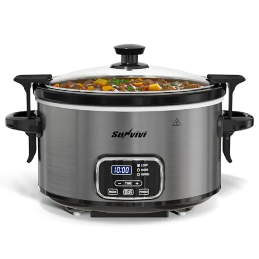 

4QT Programmable Slow Cooker with Locking Lid Removable Ceramic Pot 3 Heating Settings Time Control Dishwasher-Safe Lid Grey