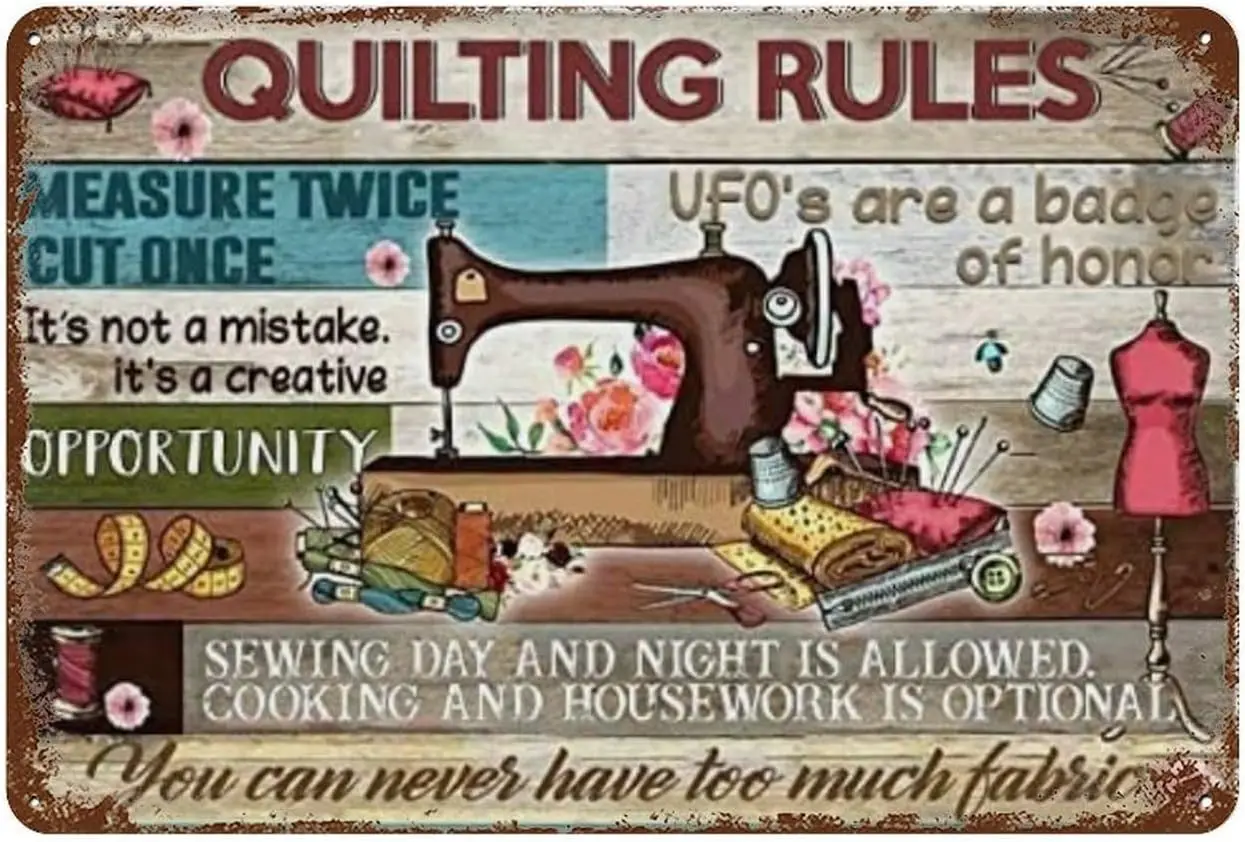 Metal Sign Quilting Rules Metal Tin Sign Aluminum Sign For Home Coffee Wall Decor 8X12 Inch