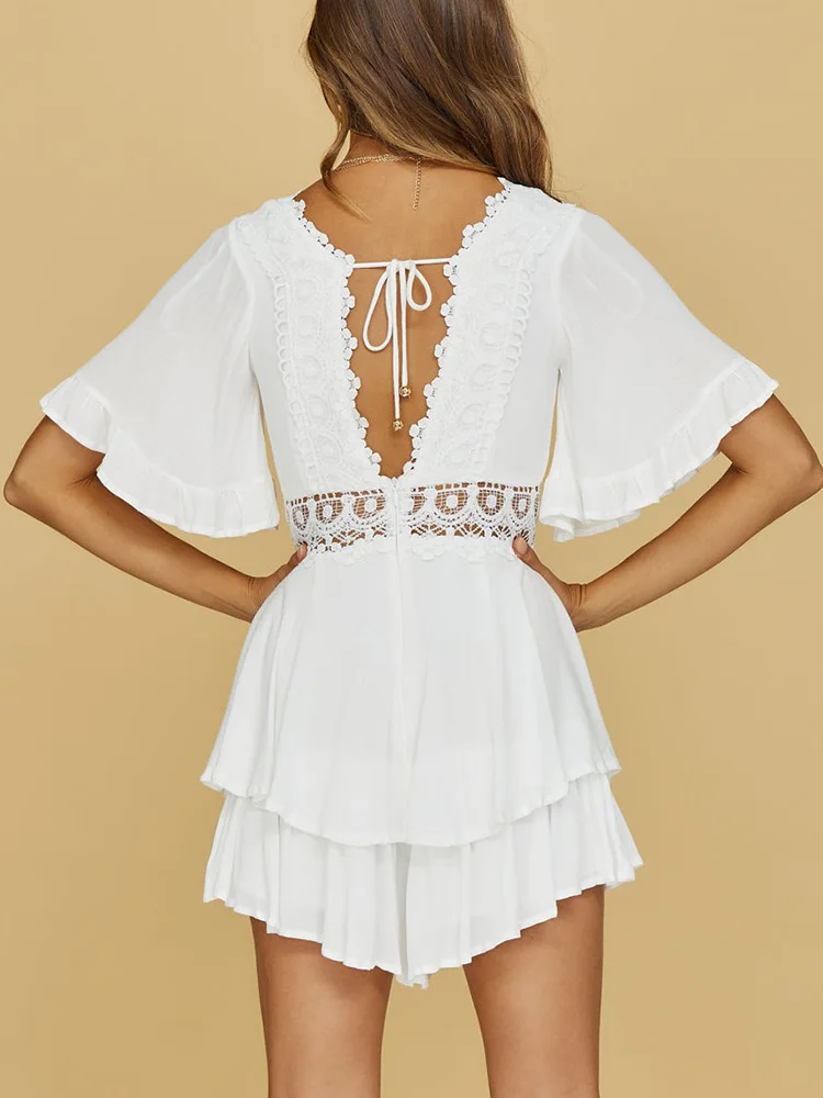 

Summer Rompers Jumpsuit Women 2022 V Neck Short Sleeve Lace Trim Cotton White Romper Back Tie acation Beach Shorts Playsuit