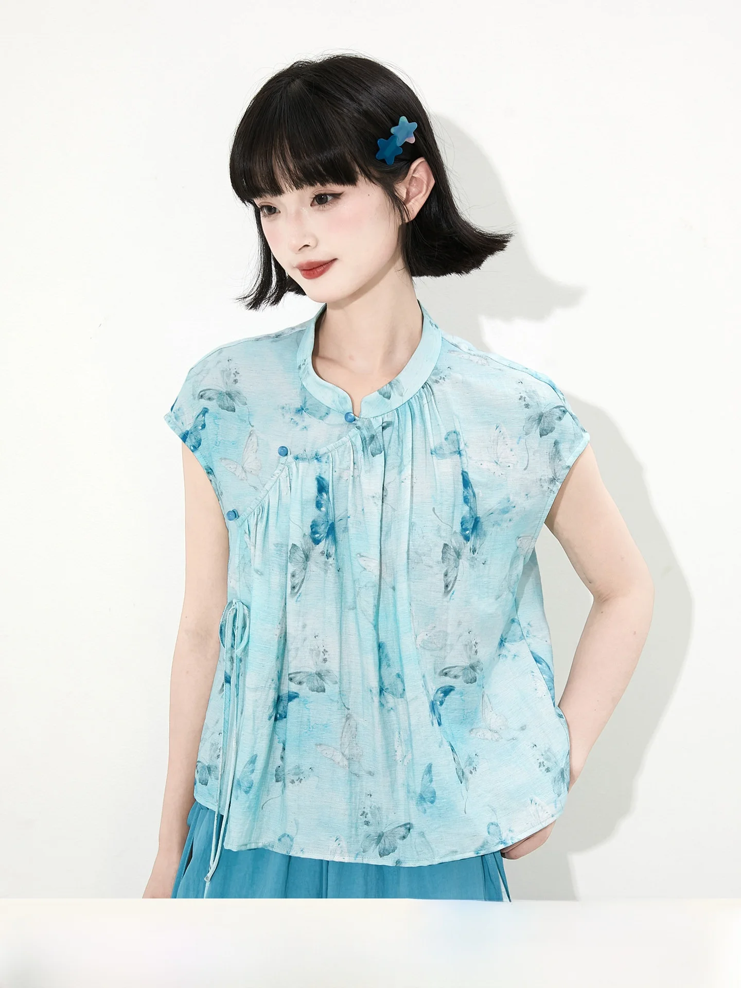 

Watercolor Dyeing Knot Print irt Women's Loose Fit Linen Top Original Design Summer Collection ort Sve