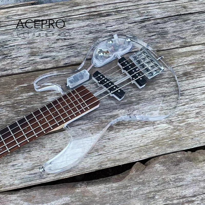 5 String Blue LED Lights Electric Bass Guitar, Clear Acrylic Crystal Body & Headstock LED Color Customizable Maple Neck