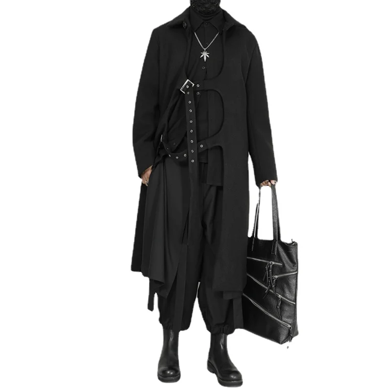 Black Yamamoto Style Dark Techwear Fashion Men\'s Clothes Trench Coat with Original Design and Knee-Length Overcoat