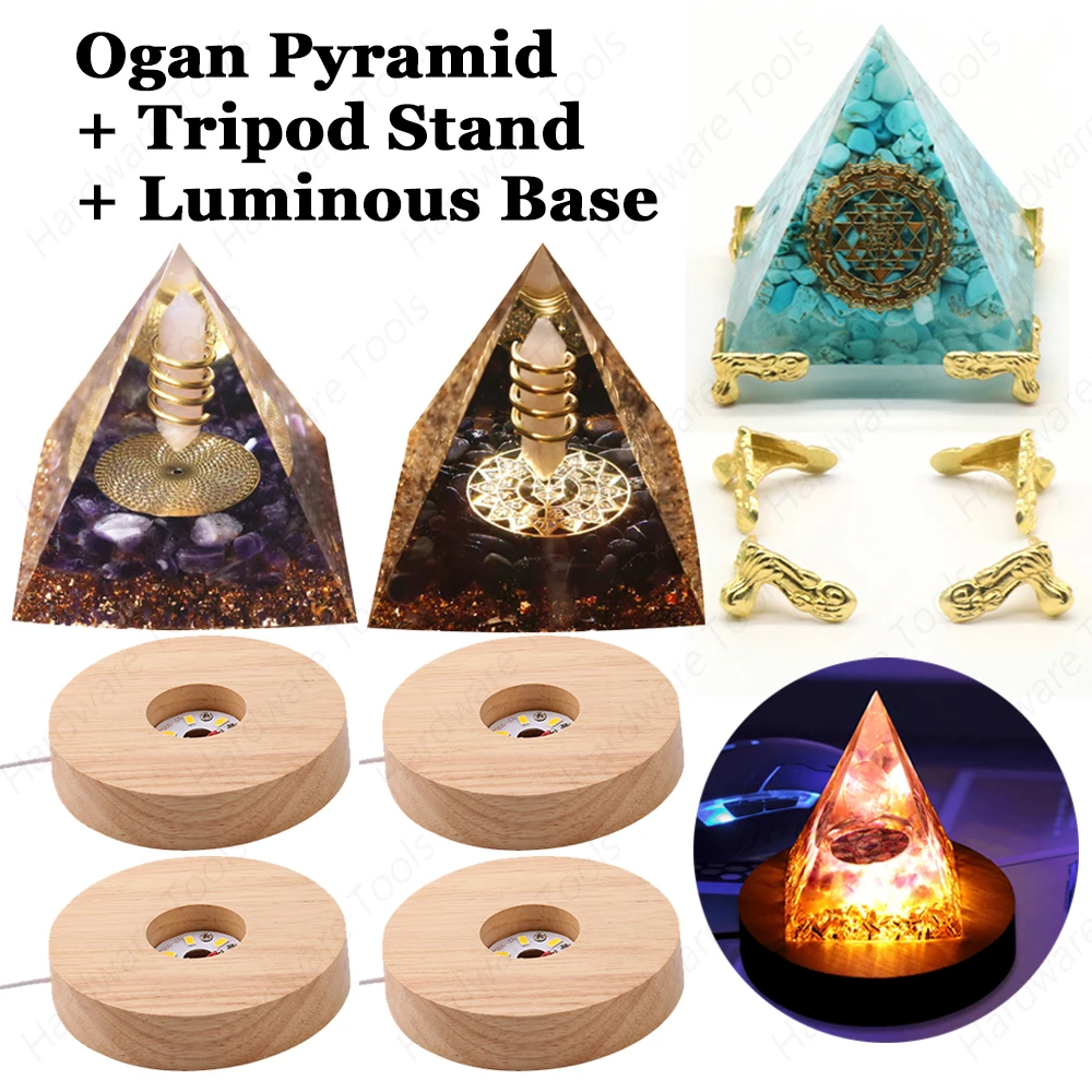 Energy Natural Crystal Pyramids + 4/8/12PCS Tripod Stands 1-3PCS LED Wooden Luminous Base Pyramid Night Lighting Display Base