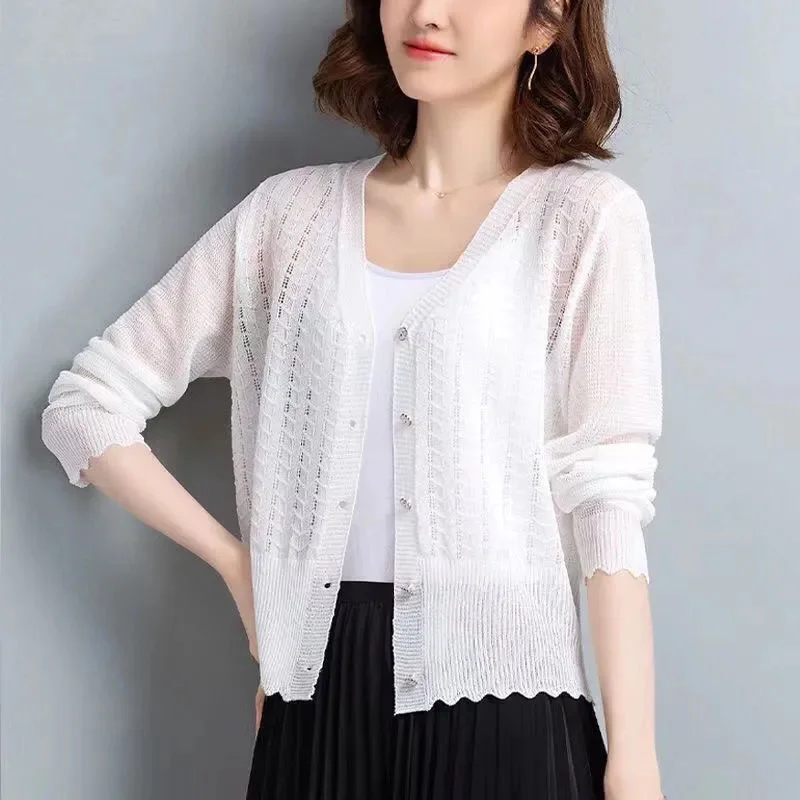 

2025 New Lce Silk Thin Knitted Cardigan Coat For Women Summer Autumn Korean Knitwear Top V-Neck Sunscreen Shawl Outerwear