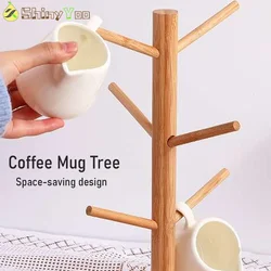 Bamboo Wooden Mug Rack Tree Coffee Cup Stand Organizer Hanger with 6 Hooks Holder For Counter Top Storage Display Drying Mugs