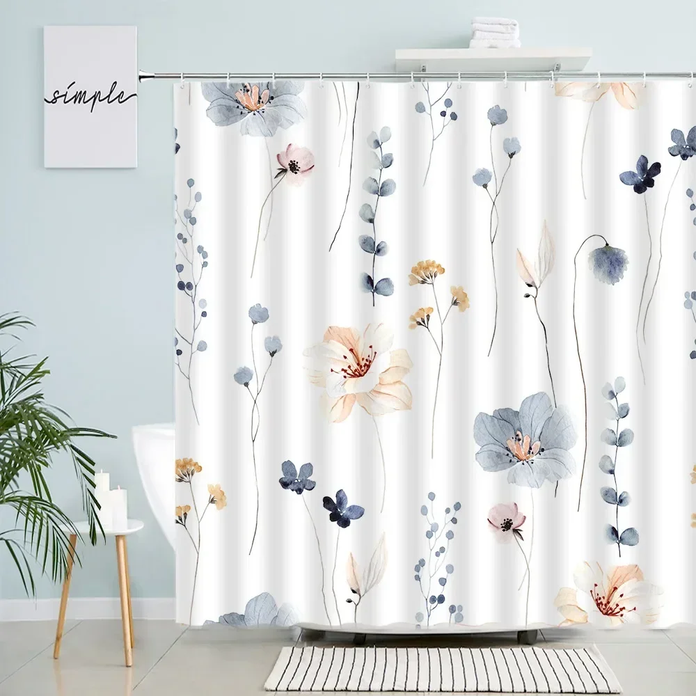 Purple Floral Shower Curtains Rustic Watercolour Flowers Plant Green Leaves Print Fabric Bathroom Decor Bathtub Bath Curtain Set