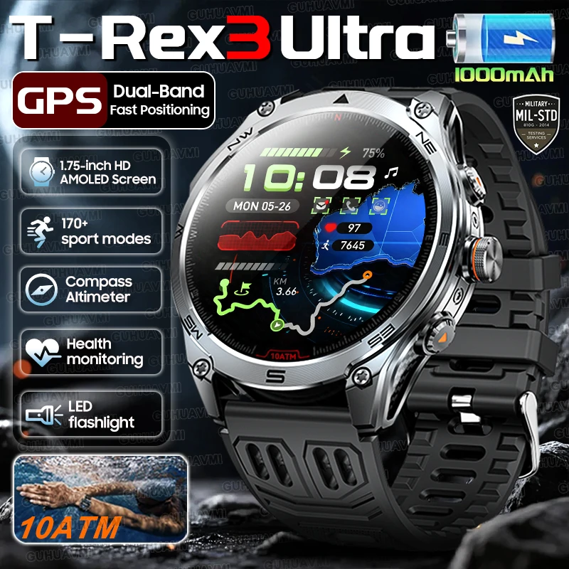 2025 nuevo reloj inteligente militar t-rex 3 Ultra GPS 1000mAh batería 10ATM brújula impermeable linterna deportes trackr Smartwatch hombres