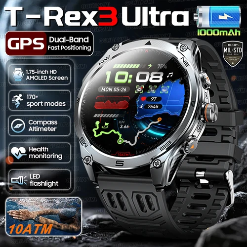 2025 nuevo reloj inteligente militar t-rex 3 Ultra GPS 1000mAh batería 10ATM brújula impermeable linterna deportes trackr Smartwatch hombres