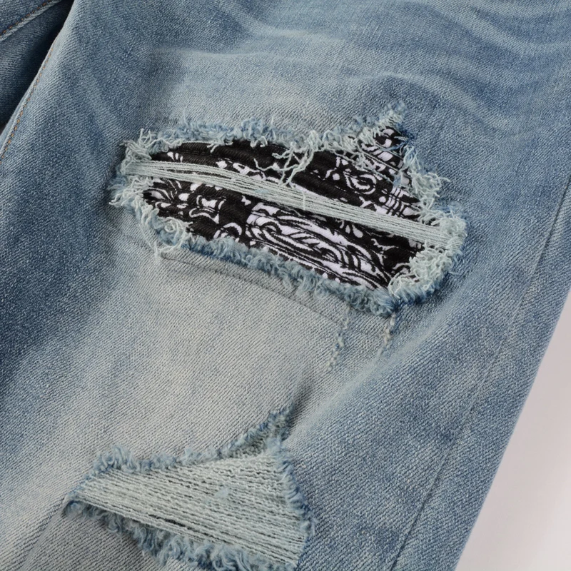 Designer Fashion New Men's Jeans Cashew Flower Patch Washed Nostalgic Stretch Slimming Light Blue Jeans High Street Hip Hop Bran