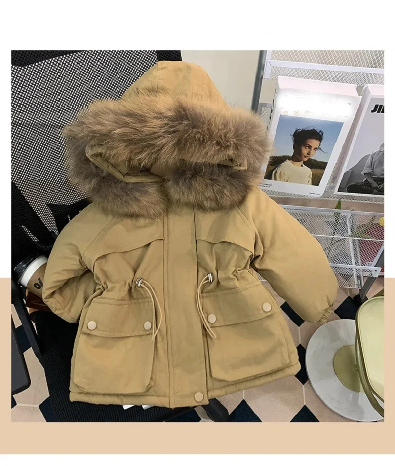 Girls Winter Warm Artificial Fur Hood Fleece Padded Drawstring Zip Jacket School Kids Parka Coat Child Outfit Windbreaker 2-12Yr