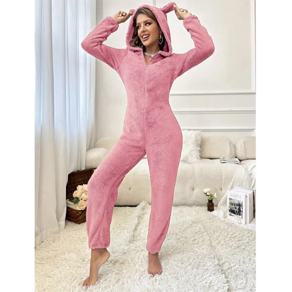 

Fashion Plush Ear Hooded One-piece Pajamas Women Autumn Winter New V-neck Long-sleeved Loose Casual Trousers Home Wear Jumpsuits