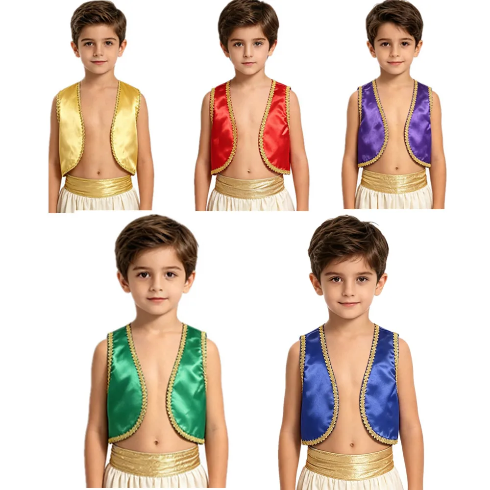 Kids Boys Arabian Prince Costume Open Front Satin Vest Waistcoat Halloween Fairytale Theme Party Masquerade Role Play Clothes