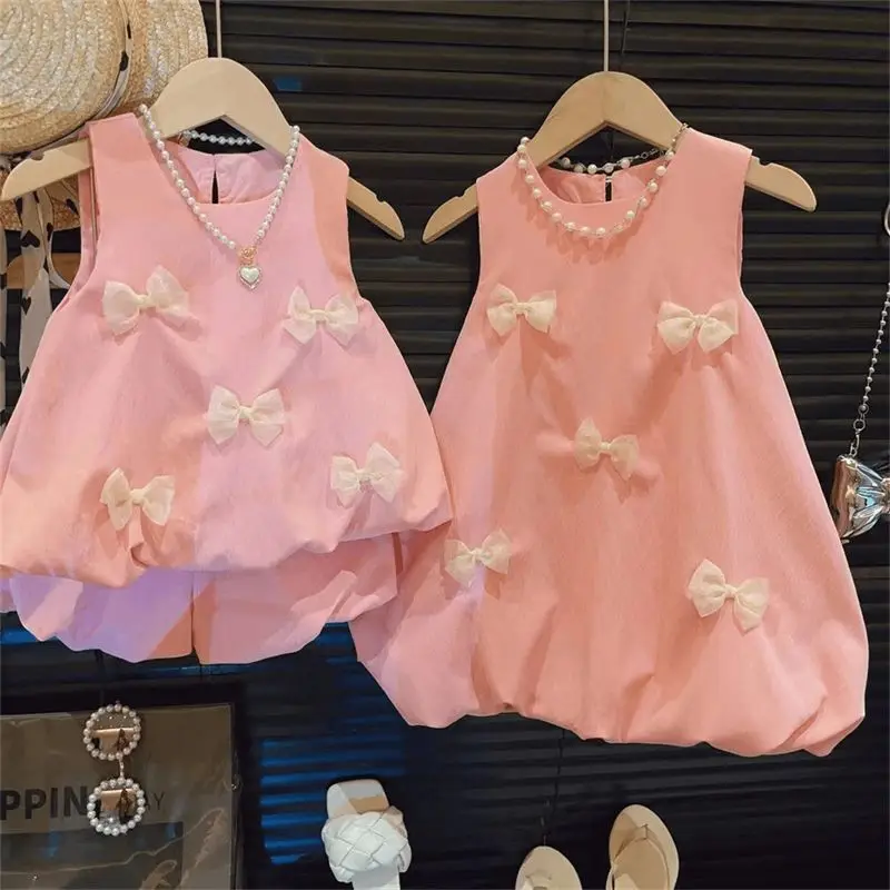 2026 Summer Girls Wear Bow Blossom Skirt Childrens Baby Sleeveless Tank Top Shorts Set Summer Sisters
