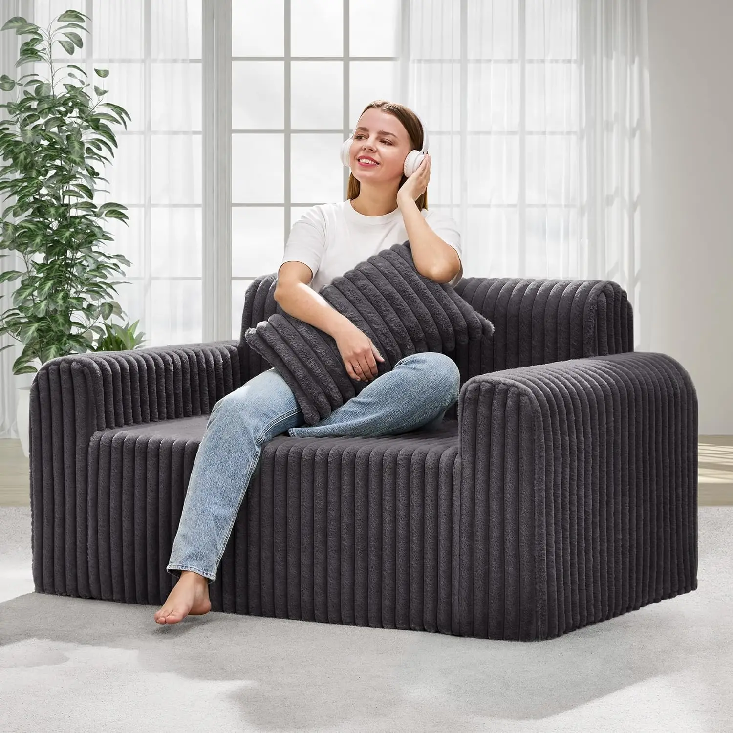 

2-Seater Foam Loveseat Sofa with Removable Cover, Furry Cushions for Small Spaces - Dark Grey