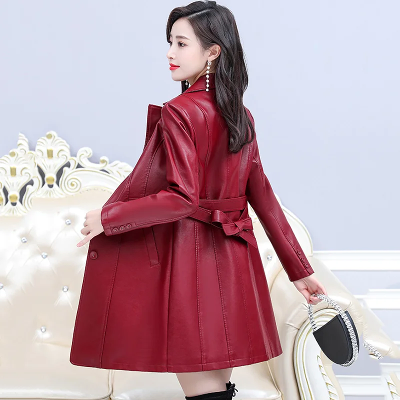Women's Leather Long Slim Belt Windbreaker, Sheepskin Leather Jacket, Female Overcoat, Spring Outwear, Autumn, New, JJ307