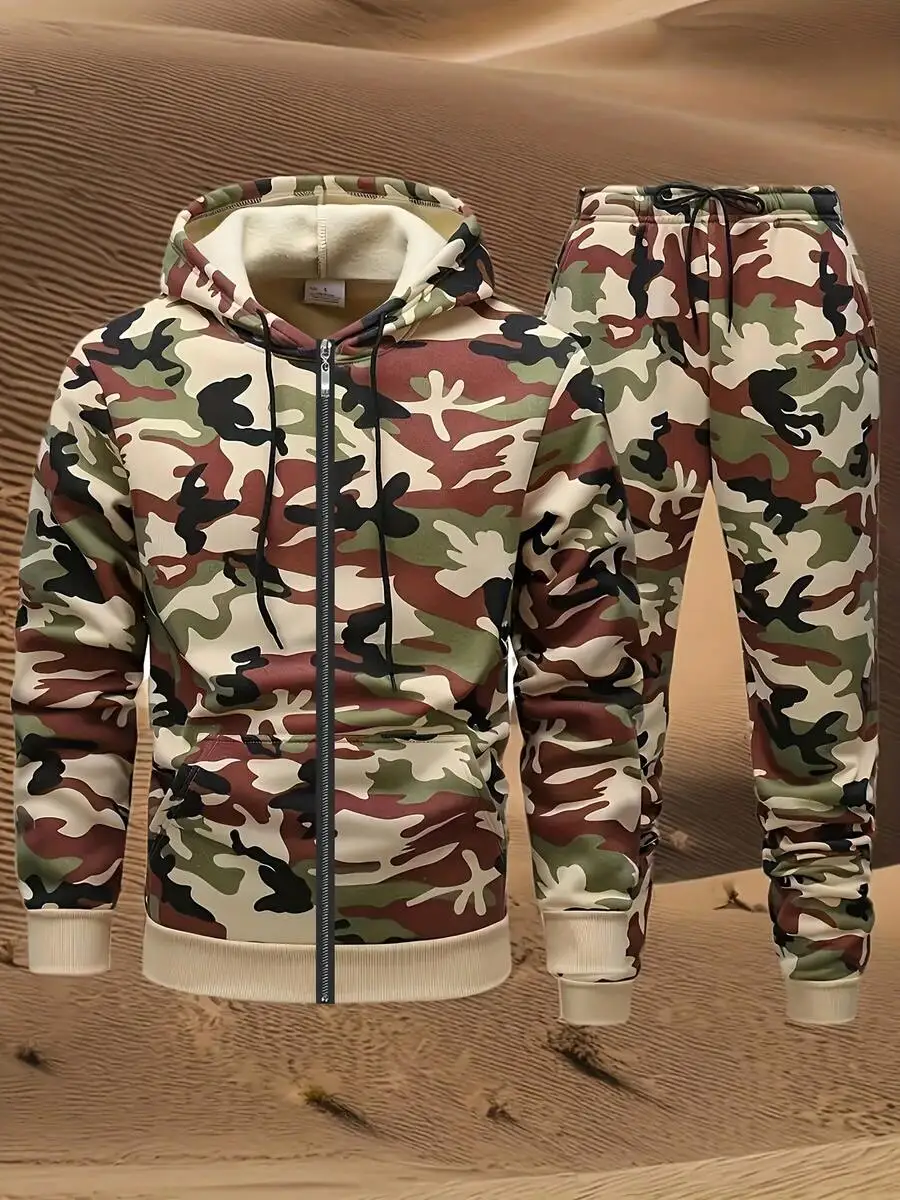 

Mens Camouflage Zipper Hoodie And Sweatpants Set Casual 2 Piece Polyester Tracksuit