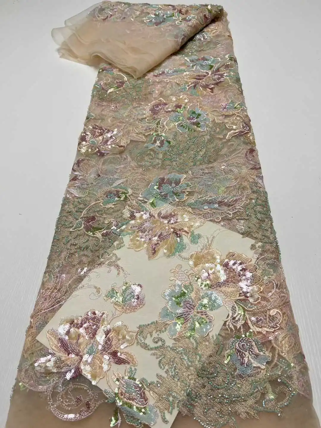 African Beaded Lace Fabric 2025 High Quality Lace Fabric for Wedding Party Dress Tulle Mesh Sequins Lace Fabric 5 Yards -HX