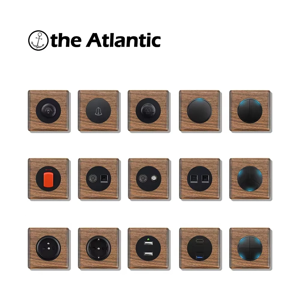 Solid Wood Panel Vintage Style Wall Internet Power Socket Black Walnut Solid Wood Button Switch 20A 45A Office Villa Hotel