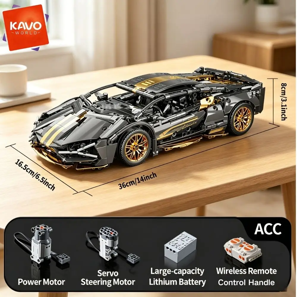 KAVOWORLD 1:14 Scale RC High-speed Vehicles Super Sports Car Building Bricks Toy Kit Remote Control Racing Vehicle with Strong Power Rechargeable System Openable Doors Flash Gold Wheels (1186PCS)
