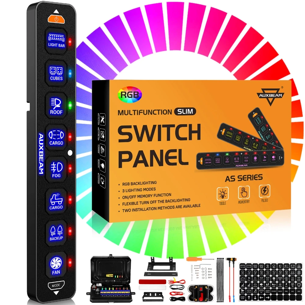 AUXBEAM AS-R80 Universal 8GANG RGB SLIM SWITCH PANEL with TOGGLE/ MOMENTARY/ PULSED Modes Automatic Brightness Sensing AS SERIES