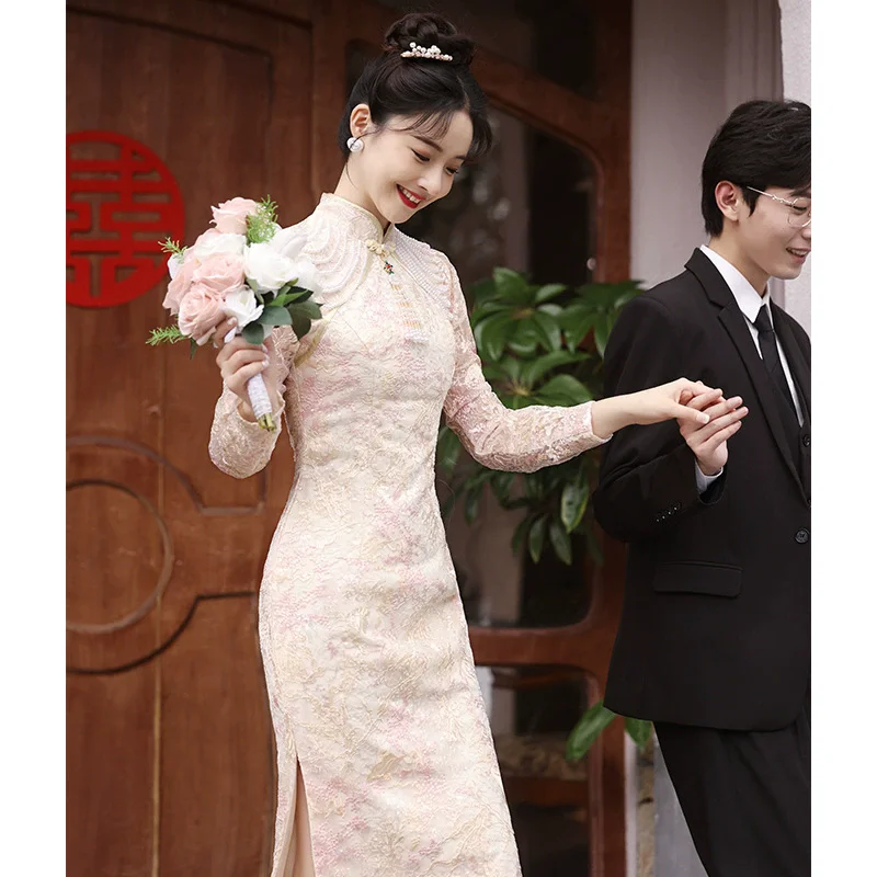 حفل زفاف العروس شيونغسام موضة شرابة كم طويل تشيباو فستان تشيباو الصيني التقليدي أنيق رائع ثوب الخطوبة #3